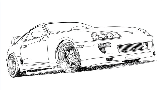 hand-drawn simple vector line art drawing of an all-white toyota supra,