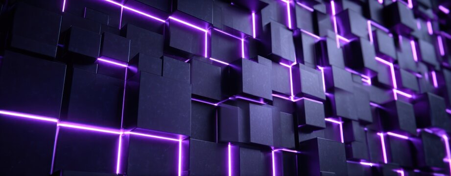 Abstract background of illuminated blocks with purple light effects