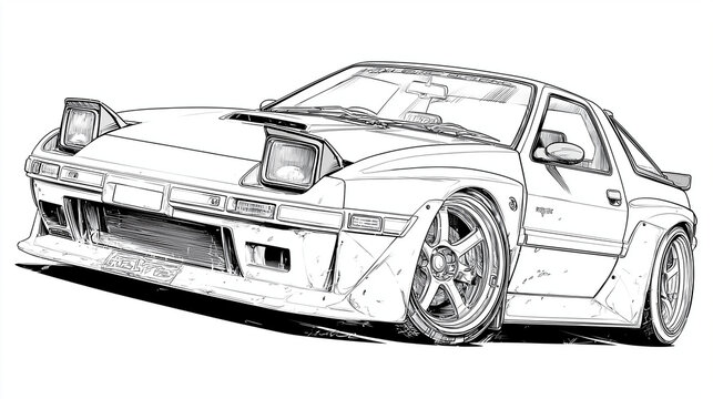 hand-drawn simple vector line art drawing of an all-white toyota supra,