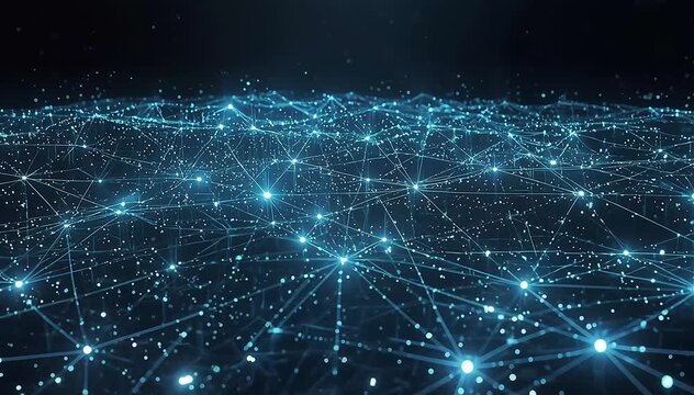 Vast futuristic digital grid composed of thousands of glowing nodes connected by thin luminous data lines
