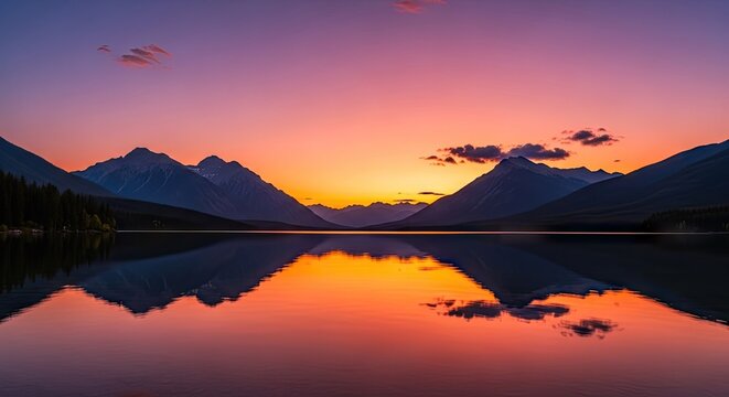 A serene mountain lake at sunset with vibrant colors reflecting on the water