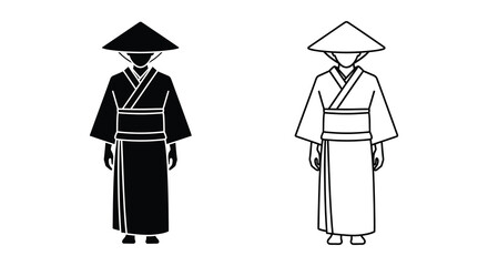 Fototapeta premium Two figures in traditional conical hats a striking black silhouette
