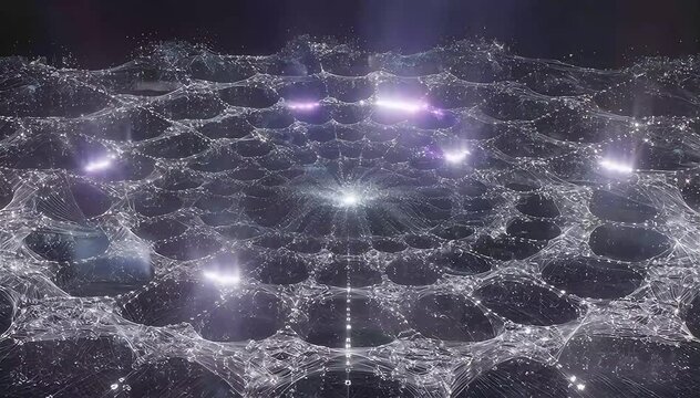 Complex matrix of interconnected digital nodes arranged in geometric grid patterns representing a massive artificial neural network system