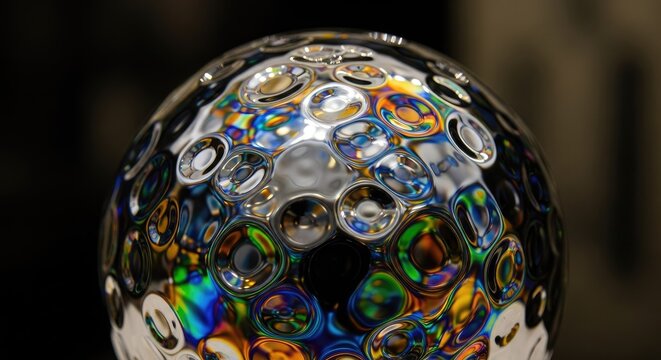 A close-up of a colorful glass paperweight with iridescent bubbles