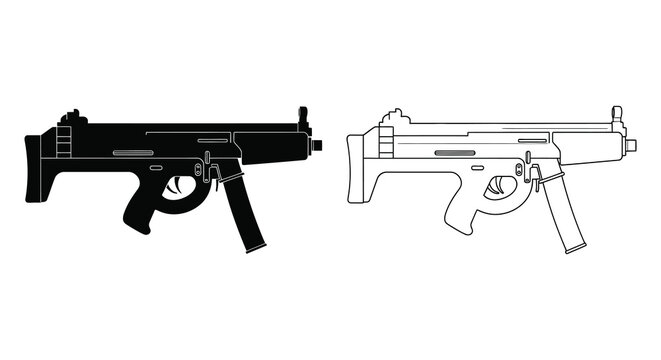 Detailed illustrations of a Mp5 submachine, gun presented in contrasting views silhouette