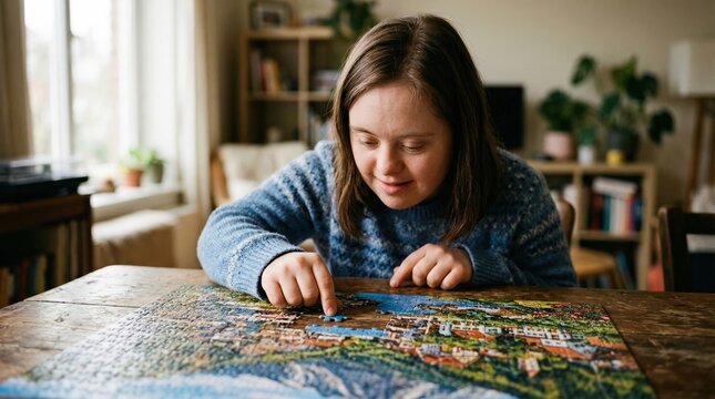 Focused girl with Down syndrome assembling a colorful jigsaw puzzle on a wooden table at home, cognitive development, quiet leisure activity.
