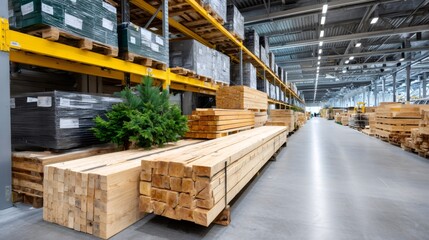 Naklejka premium Storing lumber and construction materials in a modern warehouse