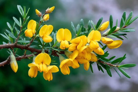 Yellow gorse flowers blooming on green shrub branch