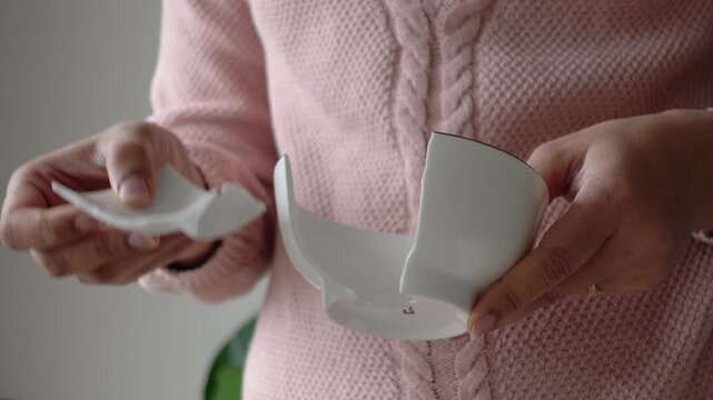 A person holds a broken bowl in their hands, looking surprised