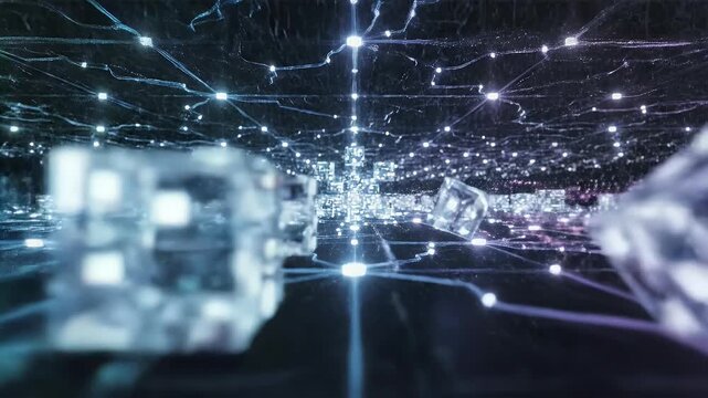 Abstract network of glowing nodes and lines, with crystal-like structures