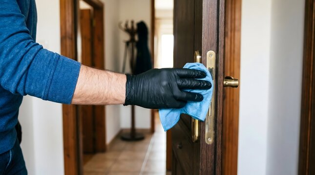 Hand in black protective gloves cleaning a doorknob with a blue microfiber cloth, focusing on essential household disinfection and germ prevention for a safe and healthy home