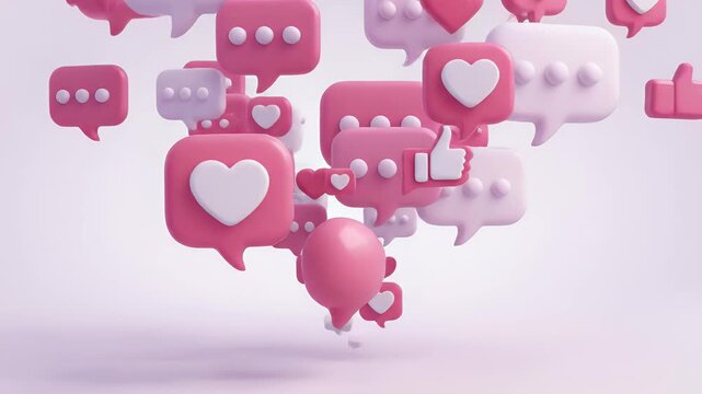 A cluster of pink and purple 3D speech bubbles with icons, floating