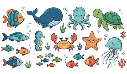 Fototapeta premium Hand Drawn Sea Life Doodle Set with Marine Animals Cartoon Vector Collection