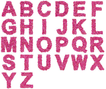 full alphabet made of pink 3d love hearts, arial font, isolated on transparent background - design element cut-out graphics object
