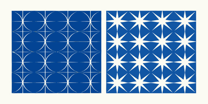 Abstract blue and white geometric patterns displayed in a diptych format