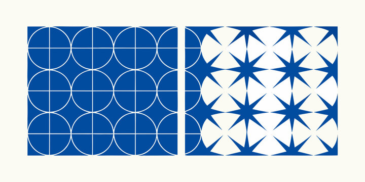 Abstract blue and white geometric patterns in a diptych arrangement