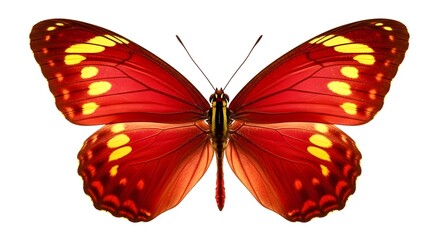 Fototapeta premium Vibrant red butterfly with yellow spots spread wide on transparent background