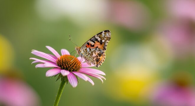 A delicate butterfly with intricate patterns on its wings, perched on a vibrant pink flower in a lush garden setting.