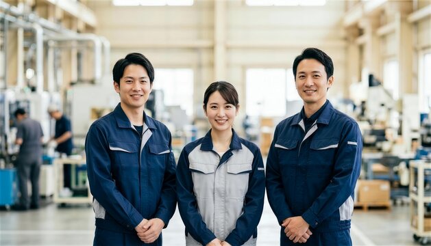 工場で笑顔で並んで立つ男女3人の作業員