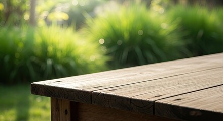 Fototapeta premium A wooden table in a serene outdoor setting with lush greenery
