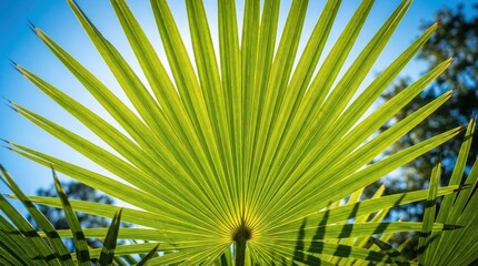 Fototapeta premium Close-up of a vibrant green palm frond against a bright blue sky.