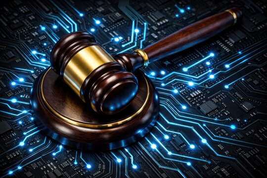 Digital Jurisprudence: The gavel, symbol of law and order, rests upon a circuit board, representing the intersection of justice and technology. It evokes a sense of legal processes in a digital age.