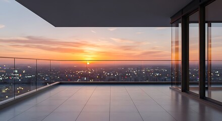 Fototapeta premium Modern balcony overlooking a city skyline at sunset with warm orange and yellow hues illuminating the sky and urban landscape below