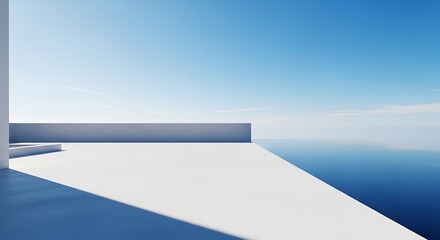 Fototapeta premium Minimalist white terrace overlooking the vast blue ocean and clear sky, a serene and tranquil scene perfect for travel and lifestyle concepts