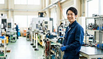 Fototapeta premium 工場の作業台にもたれかかり笑顔を見せる男性作業員