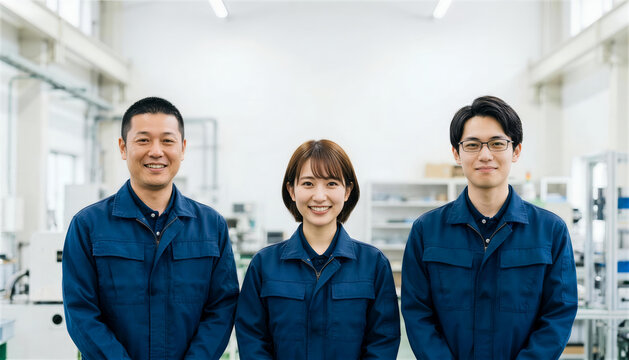 工場内で笑顔で並んで立つ男女3人の作業員