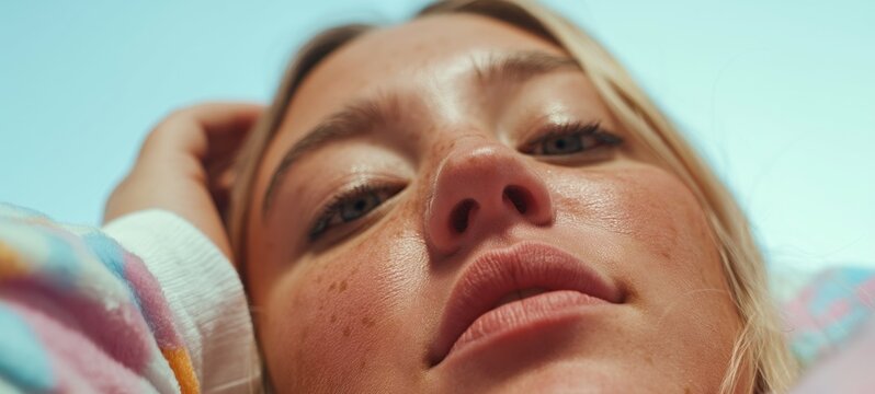 Close-up Portrait of a Woman with Tan Lines, Resting Her Head on Her Hand, Outdoor Setting.
