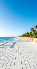 Fototapeta premium Idyllic tropical beach scene with a white wooden pier leading to a turquoise ocean and palm-lined shore under a clear blue sky