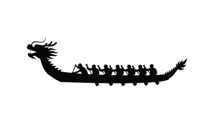 A black silhouette of a traditional chinese dragon boat with rowers © MdGolam