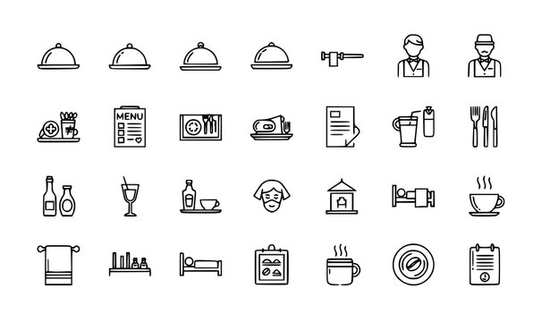  set of minimalist line art icons representing hotel and restaurant services