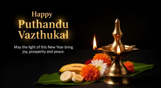 Happy puthandu vazthukal tamil new year greeting with traditional oil lamp and flowers decor