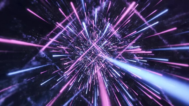 Abstract burst of purple and blue streaks through a dark void