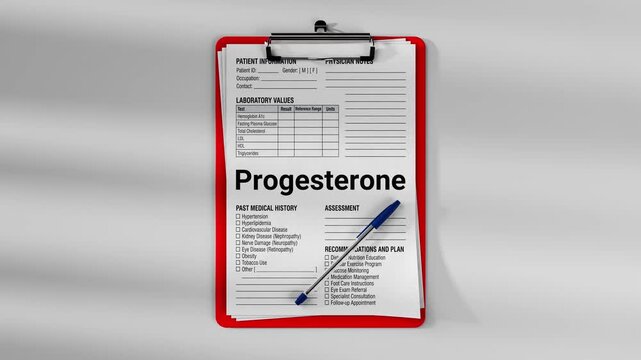 Medical clipboard with patient clinical form showing progesterone level test and laboratory values. Healthcare documentation concept with physician notes and medical examination record.