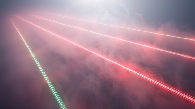 Light trail detail fiber optic beams atmospheric fog particles red green coherent light paths overhead perspective atmospheric conditions