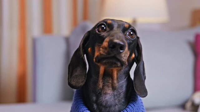 Closeup portrait of a black and tan dachshund wearing a blue knit sweater and looking upward indoors creating a soft warmly lit pet image with shallow depth and gentle mood
