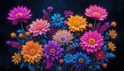 Fototapeta premium Neon botanical composition with multiple flowers