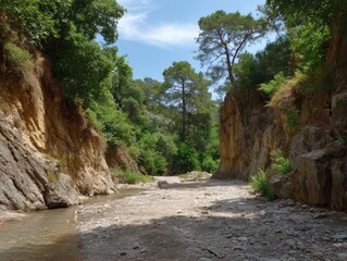 Obraz premium A scenic view from inside a beautiful, sunlit canyon with a winding, rocky riverbed. A small, clear stream flows alongside the path. Steep cliffs covered in lush green trees and foliage frame the scen