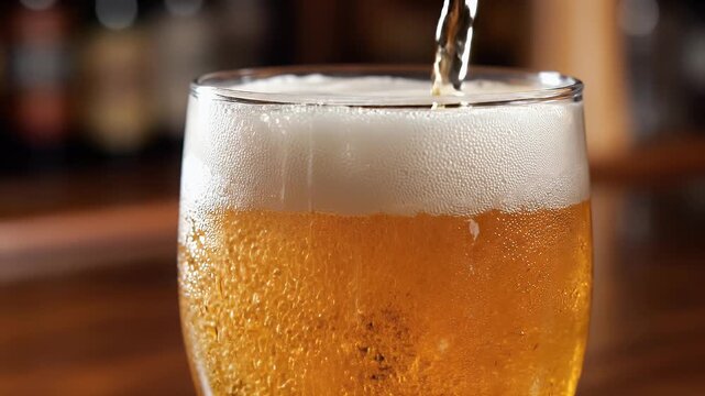 Golden beverage poured into glass, creating a foamy head