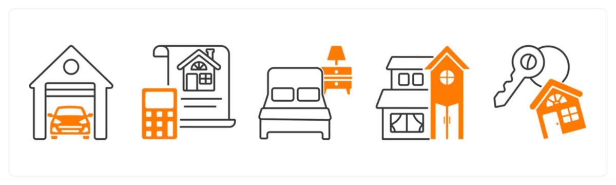 A set of 5 mix icons as garage, property budget, bed