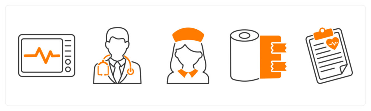 A set of 5 mix icons as ecg machine, male doctor, nurse
