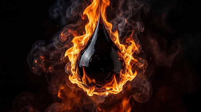 Single black oil drop engulfed in intense fire and flames