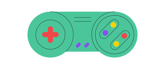 Retro flat joystick gamepad icon in green with yellow and purple, classic controller for console and videogame. Gamer pad shows video game style, vintage retro device concept for electronic © moonnoon