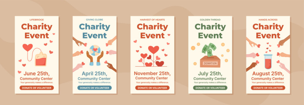Charity event poster set with warm beige and red background. People join as volunteer and donate with heart icons money symbols. Community support concept for donation or charity event poster social