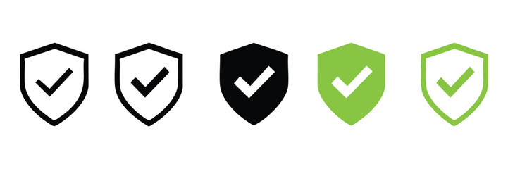 Collection of shield icons with checkmarks in various colors and styles for security and protection concepts vector © Marjahan