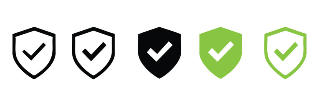Collection of shield icons with checkmarks in various colors and styles for security and protection concepts vector