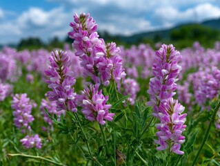 Fototapeta premium Vibrant pink wildflowers bloom in a sunlit meadow, with a soft-focus backdrop of green hills and a blue sky. This serene, picturesque scene evokes the beauty of nature, spring, and summer.